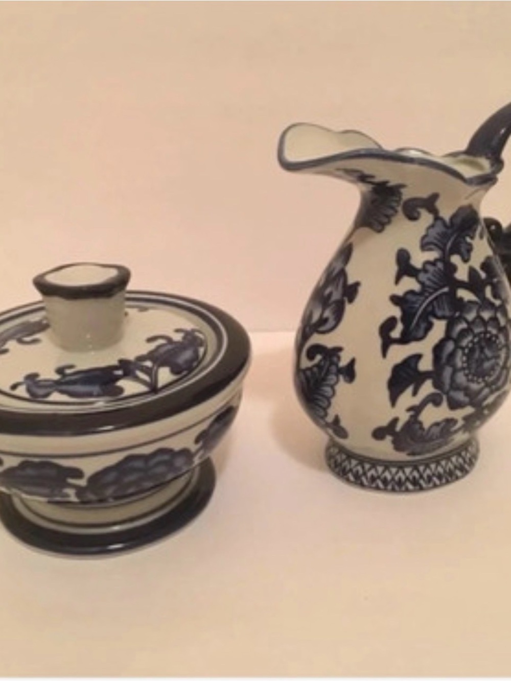 Blue and White Floral Ceramic Pitcher and Lidded Bowl - Home Art